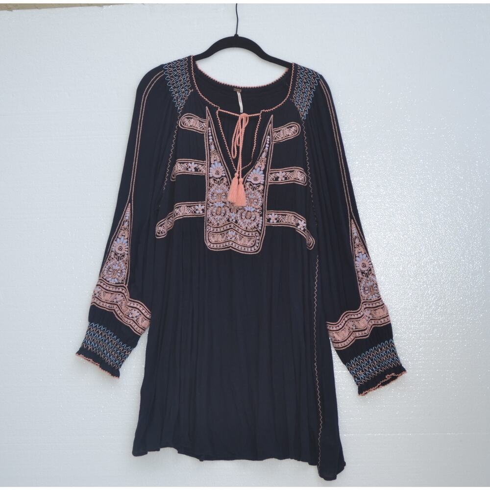 Free People Wind Willow Embroidered Boho Mini Dress Black Tassel V Neck Size M